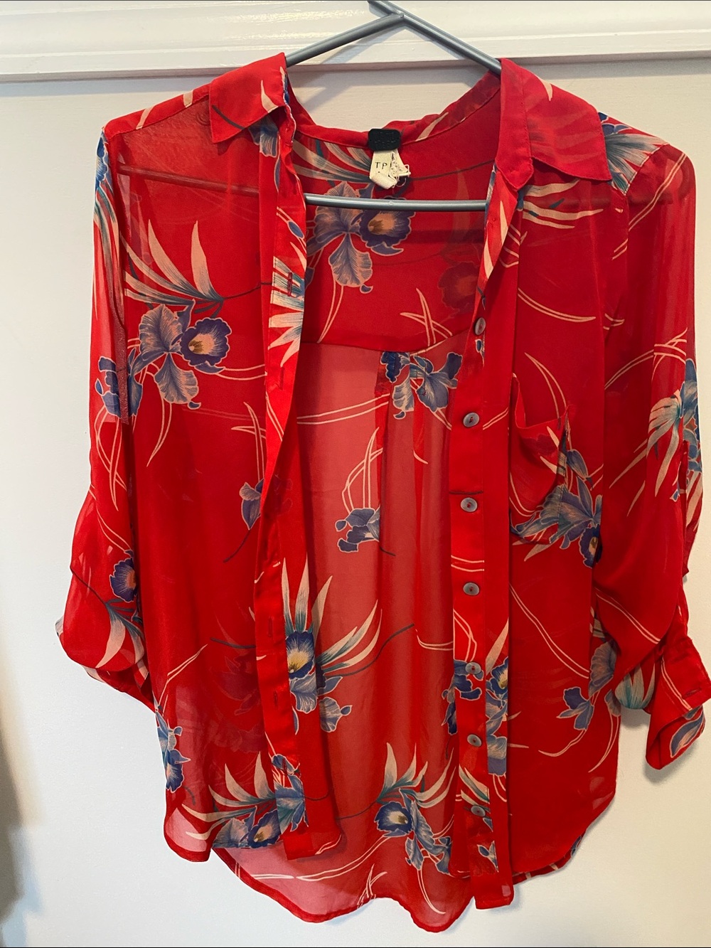 We The Free Red Sheer Floral Button-Down Shirt